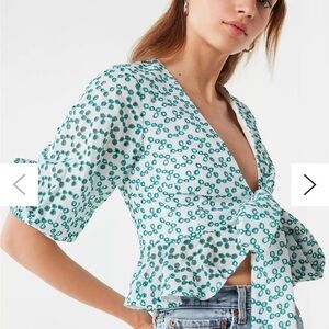 UO Keepsake Blossom Embroidered Tie-Front Peplum Wrap Green Top